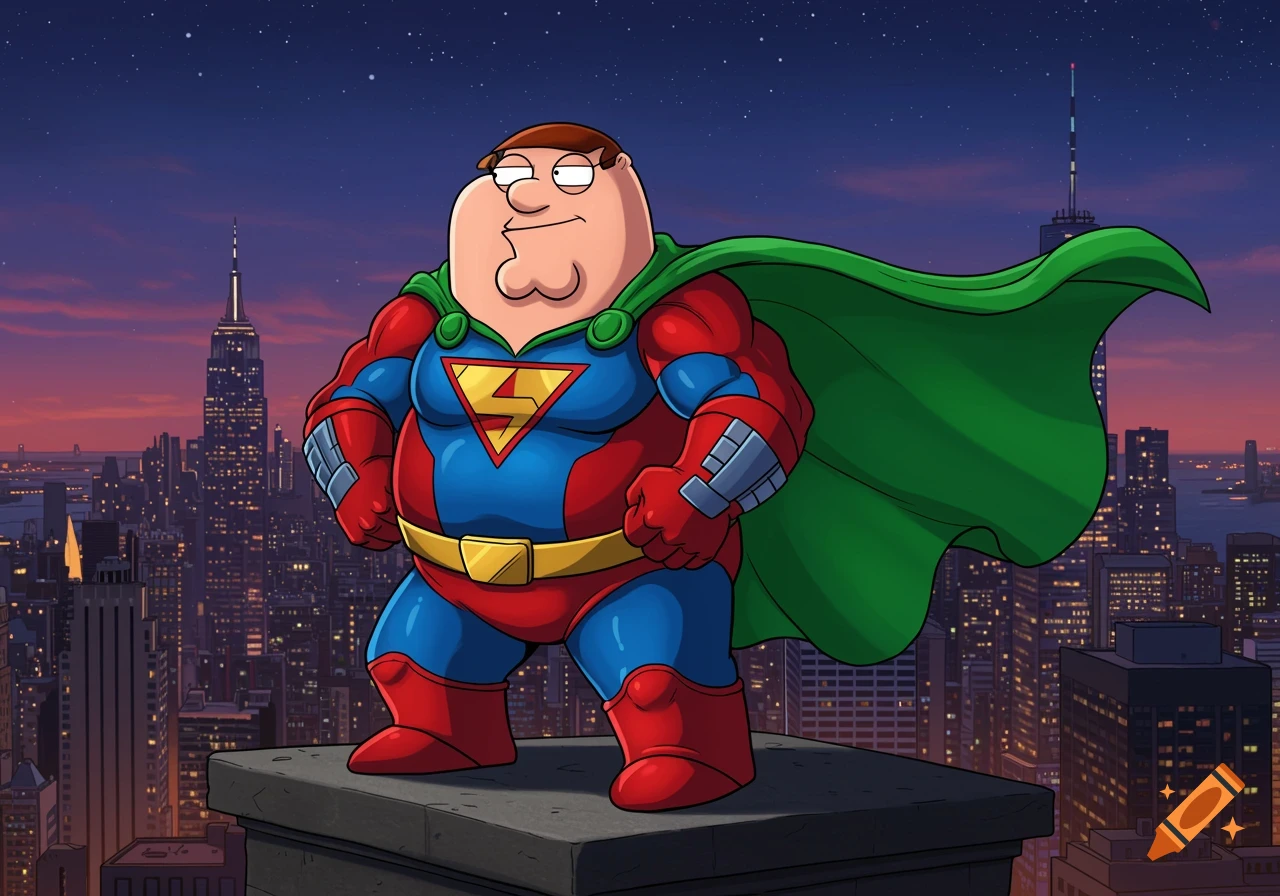 Cartoon character Peter Griffin dressed as a superhero with a green cape and 'S' emblem, standing on a rooftop overlooking a city at dusk.