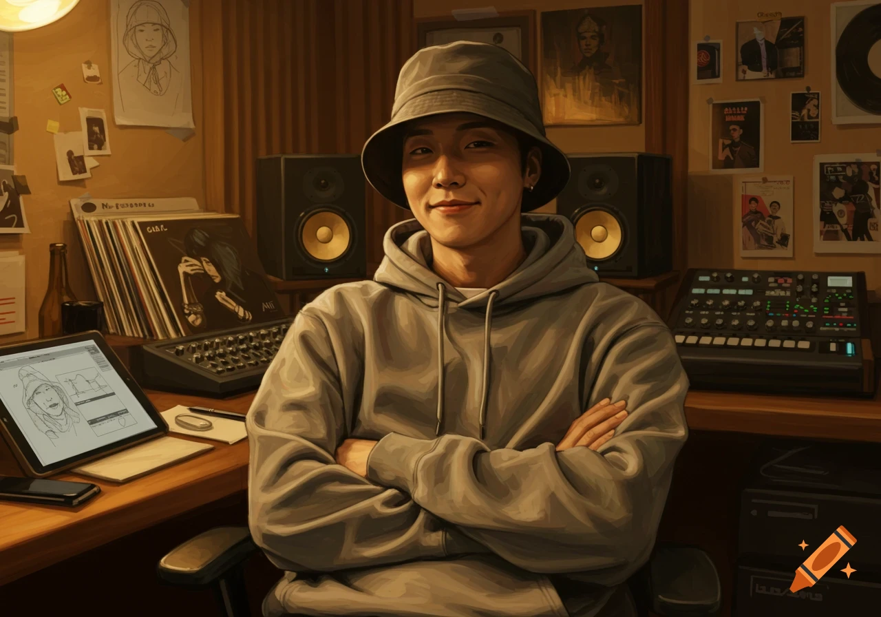 A man in a bucket hat and grey hoodie sits in a music studio, smiling with crossed arms.