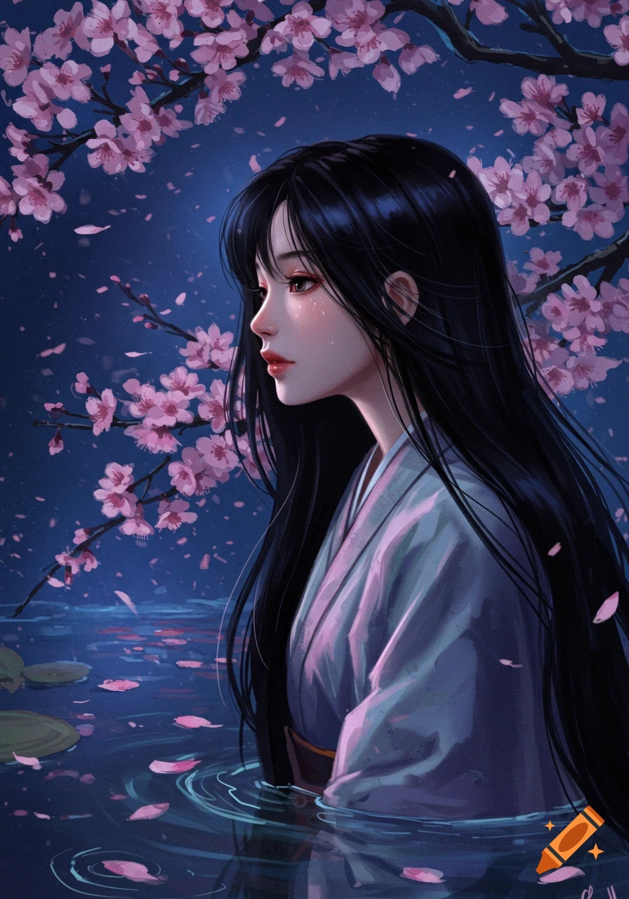 Profile of an Asian girl with long black hair in a light purple kimono, standing in water with falling pink cherry blossoms at night, in an anime style.