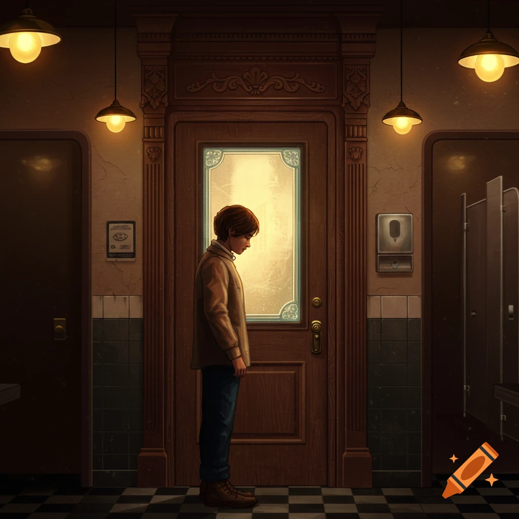 A person stands in a dimly lit hallway between a main wooden door and two side doors, with a checkered floor.