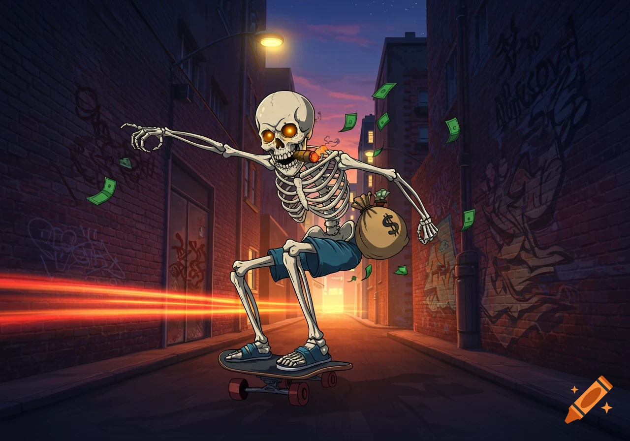 Anime-style skeleton skateboarding down a dark alley, holding a money bag, with money flying around and glowing eyes.