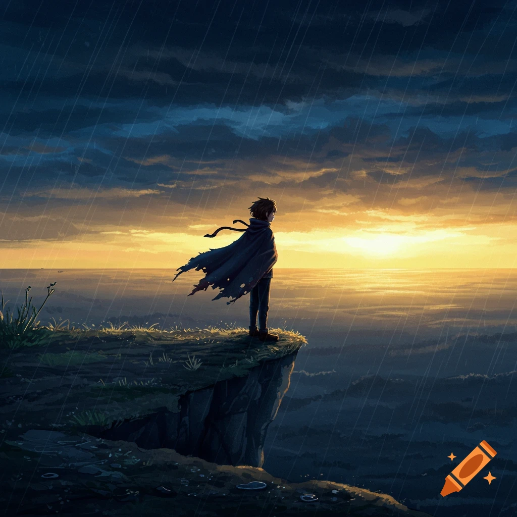 Anime-style illustration of a lone figure in a tattered cloak on a cliff, looking out at a rainy ocean under a sunset sky.