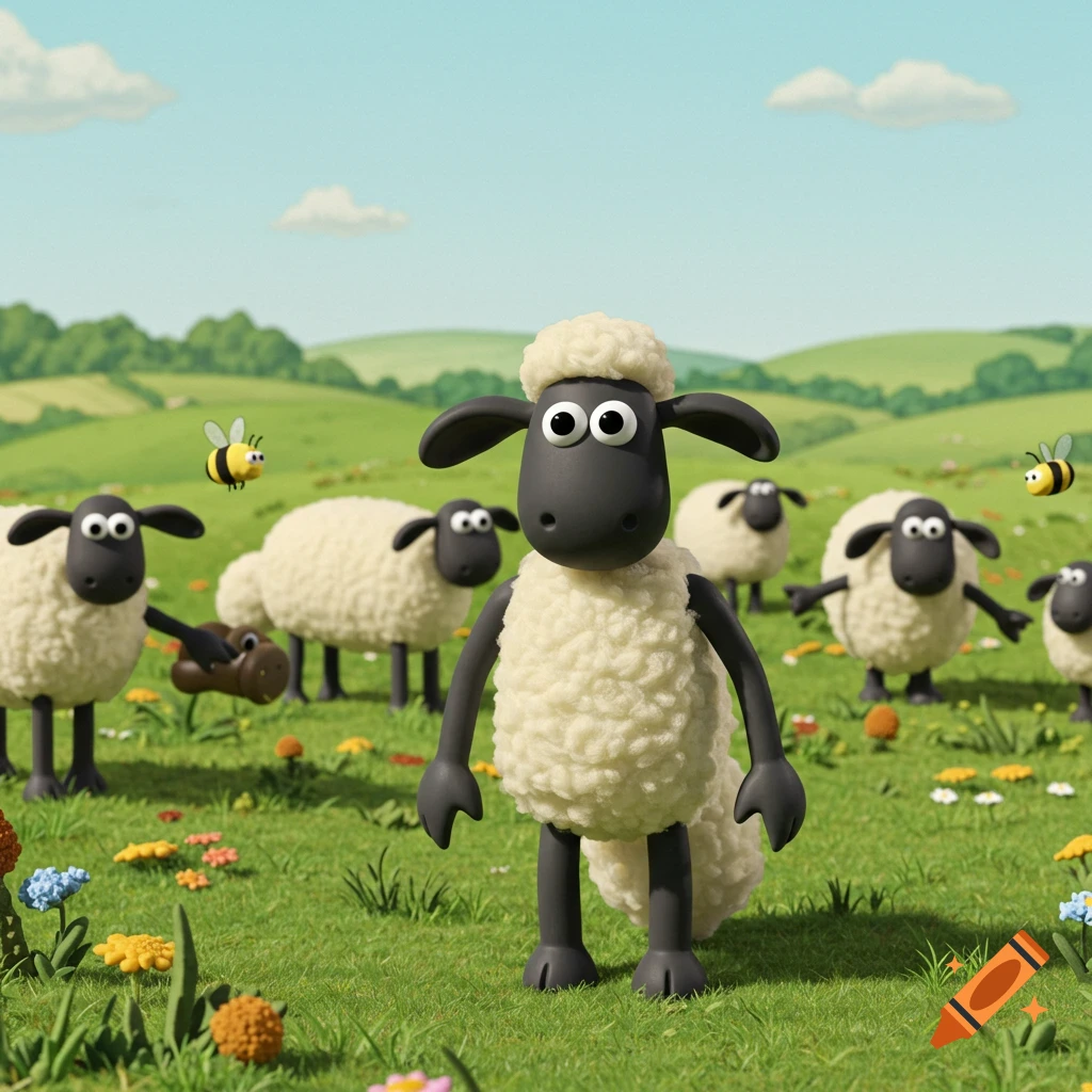 Shaun the Sheep stands in a grassy field with other sheep and flying bees, under a blue sky, in a 3D animation style.