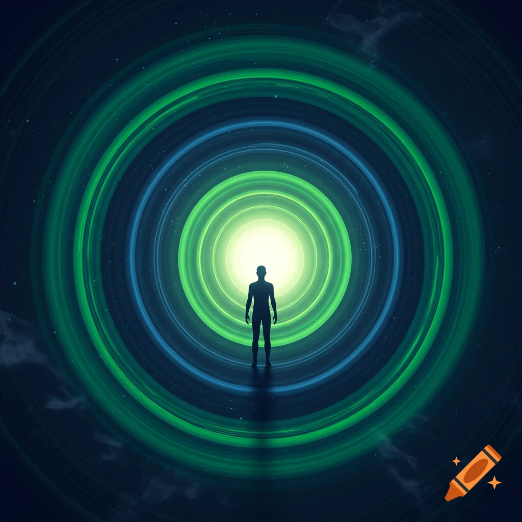 Silhouette of a person standing in a glowing green and blue abstract circular tunnel.