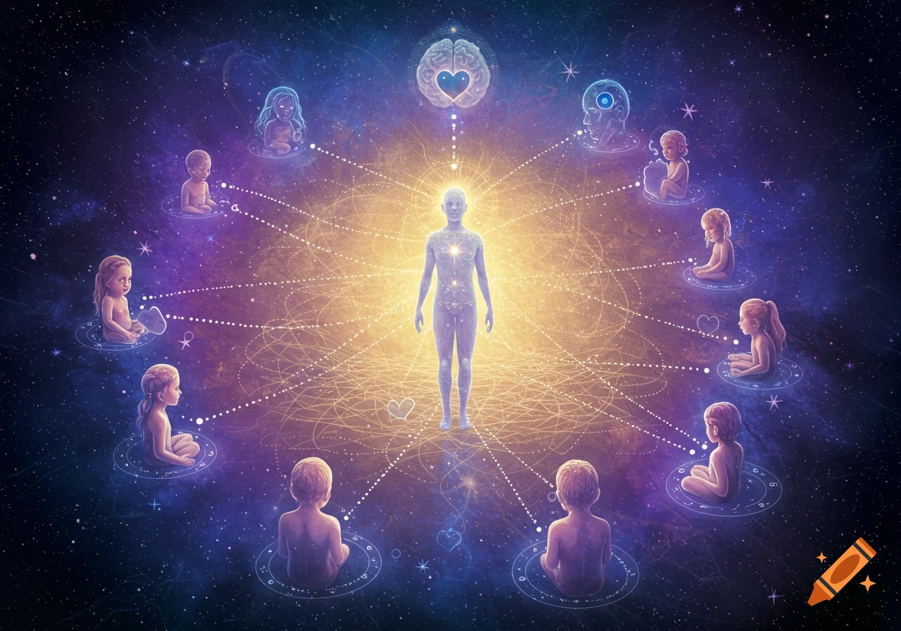 A central glowing humanoid figure surrounded by child-like figures connected by luminous threads in a purple and gold cosmic nebula.