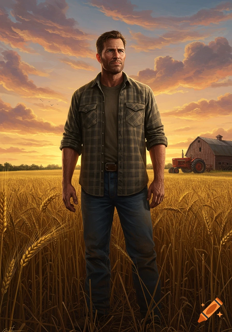 A rugged man in a plaid shirt stands in a golden wheat field at sunset, with a barn and tractor in the background.