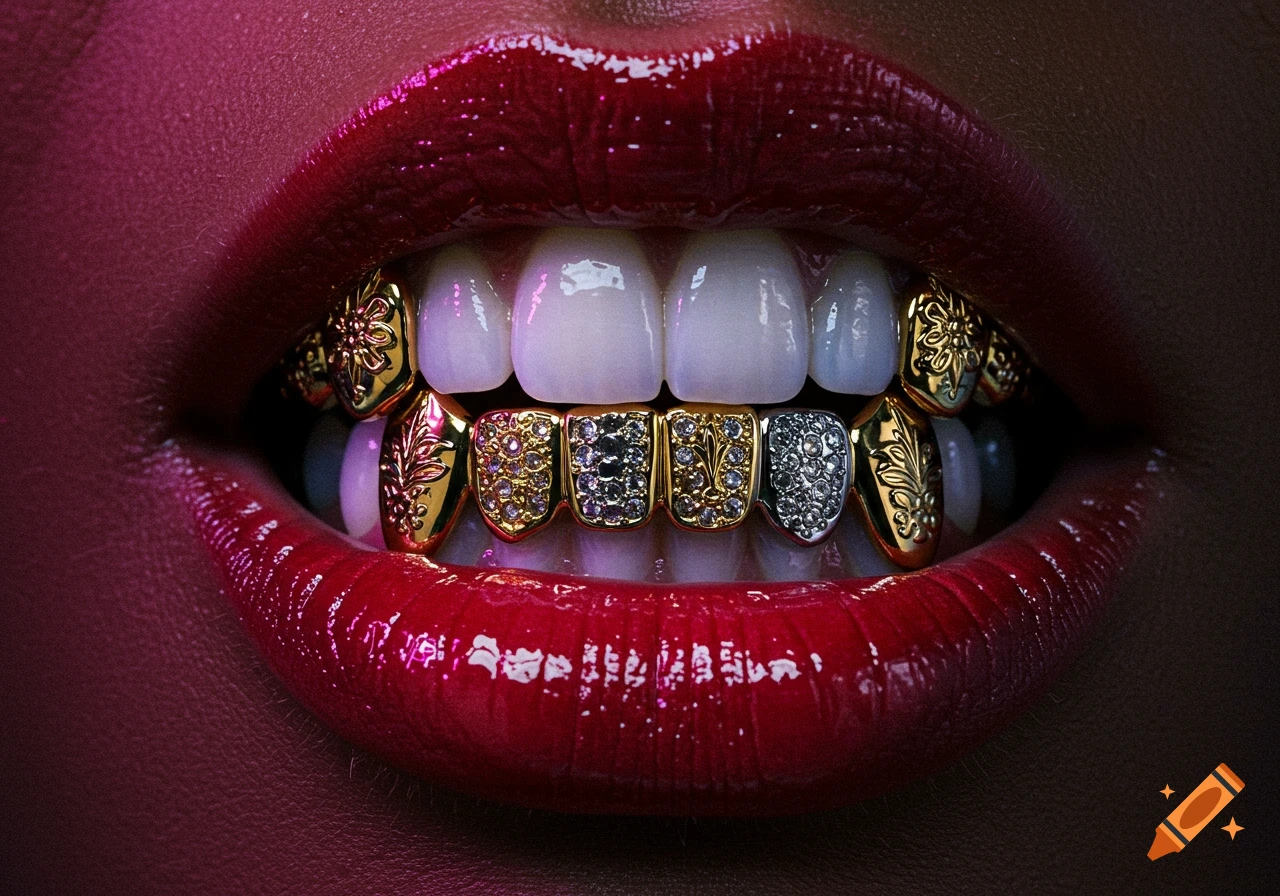 Photorealistic close-up of glossy red lips showcasing elaborate gold and silver grillz with jewels and floral patterns.