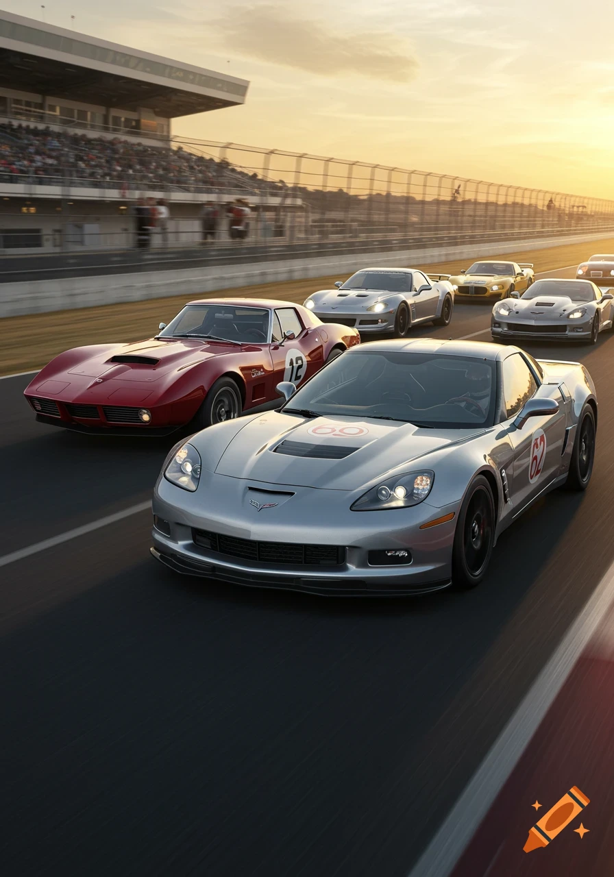 Multiple generations of Chevrolet Corvette race cars speeding on a track at sunset, with a grandstand in the background.