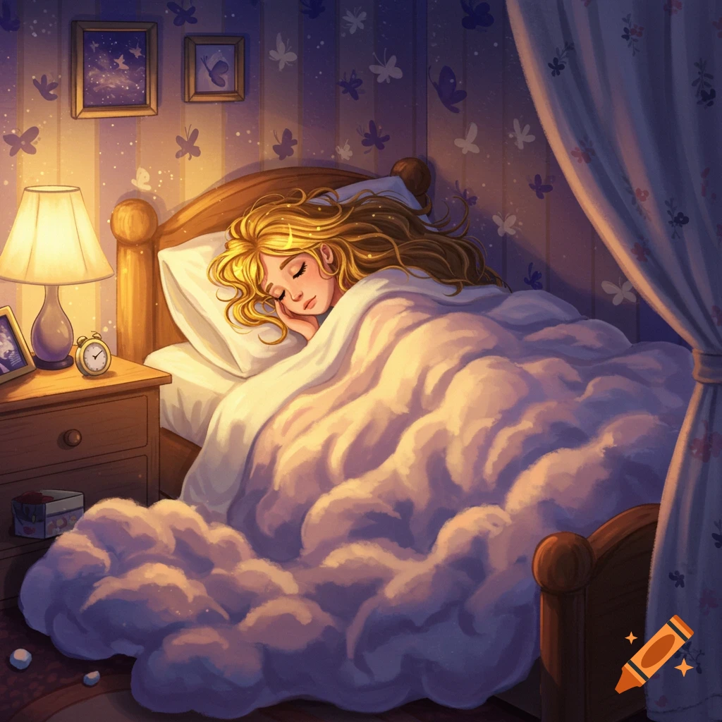 An illustration of a blonde girl sleeping peacefully in a cozy bedroom with warm lamp light and butterfly wallpaper.