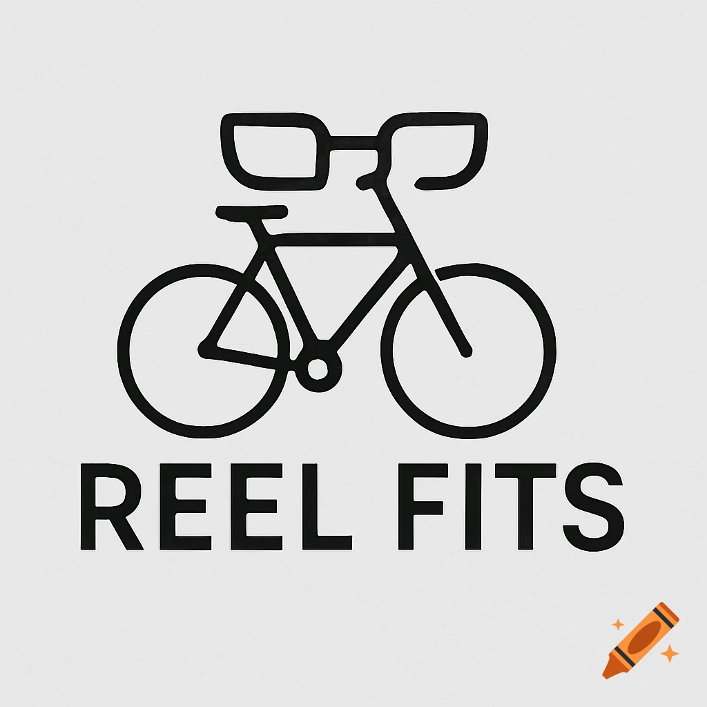 Black line art logo of a bicycle with square glasses as handlebars and 'REEL FITS' text below.