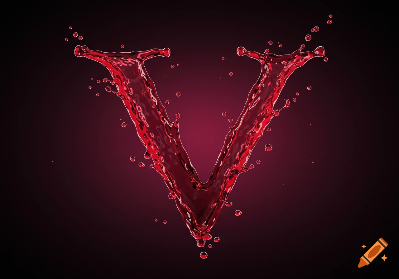 A vibrant red liquid splashes to form the letter V against a dark red background.