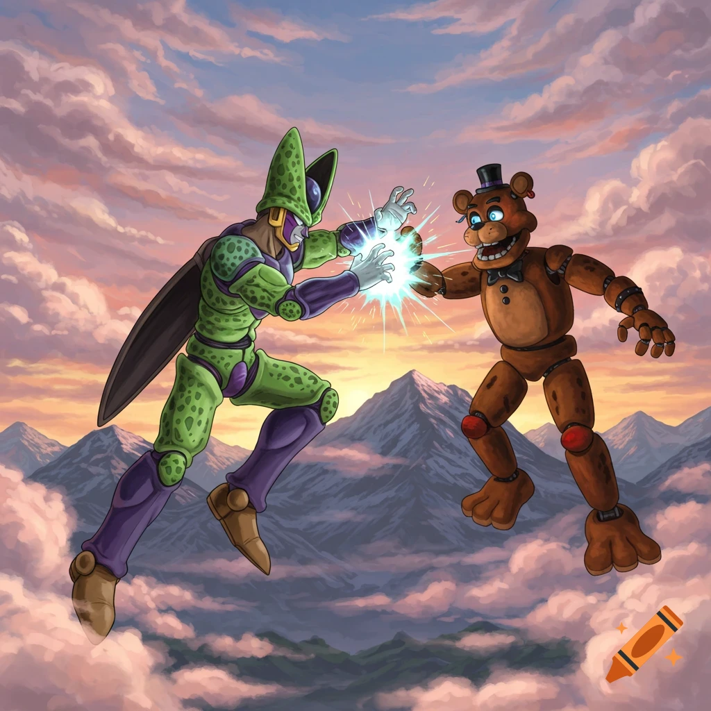 Perfect Cell and Freddy Fazbear battling in the sky above mountains at sunset.