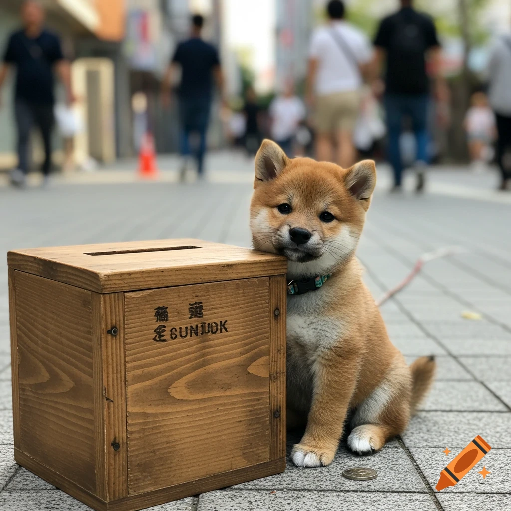 A cute Shiba Inu puppy sits on a paved street next to a wooden box with Japanese text, looking directly at the viewer. Blurred people walk in the background.