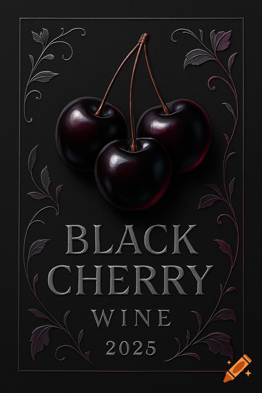 An elegant dark label with three black cherries and the embossed text "BLACK CHERRY WINE 2025" framed by decorative vines.