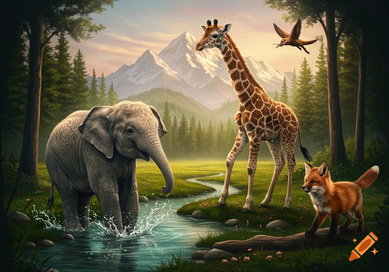 An elephant, giraffe, fox, and bird in a lush forest landscape with mountains in the background, illustrated in a vibrant, painterly style.