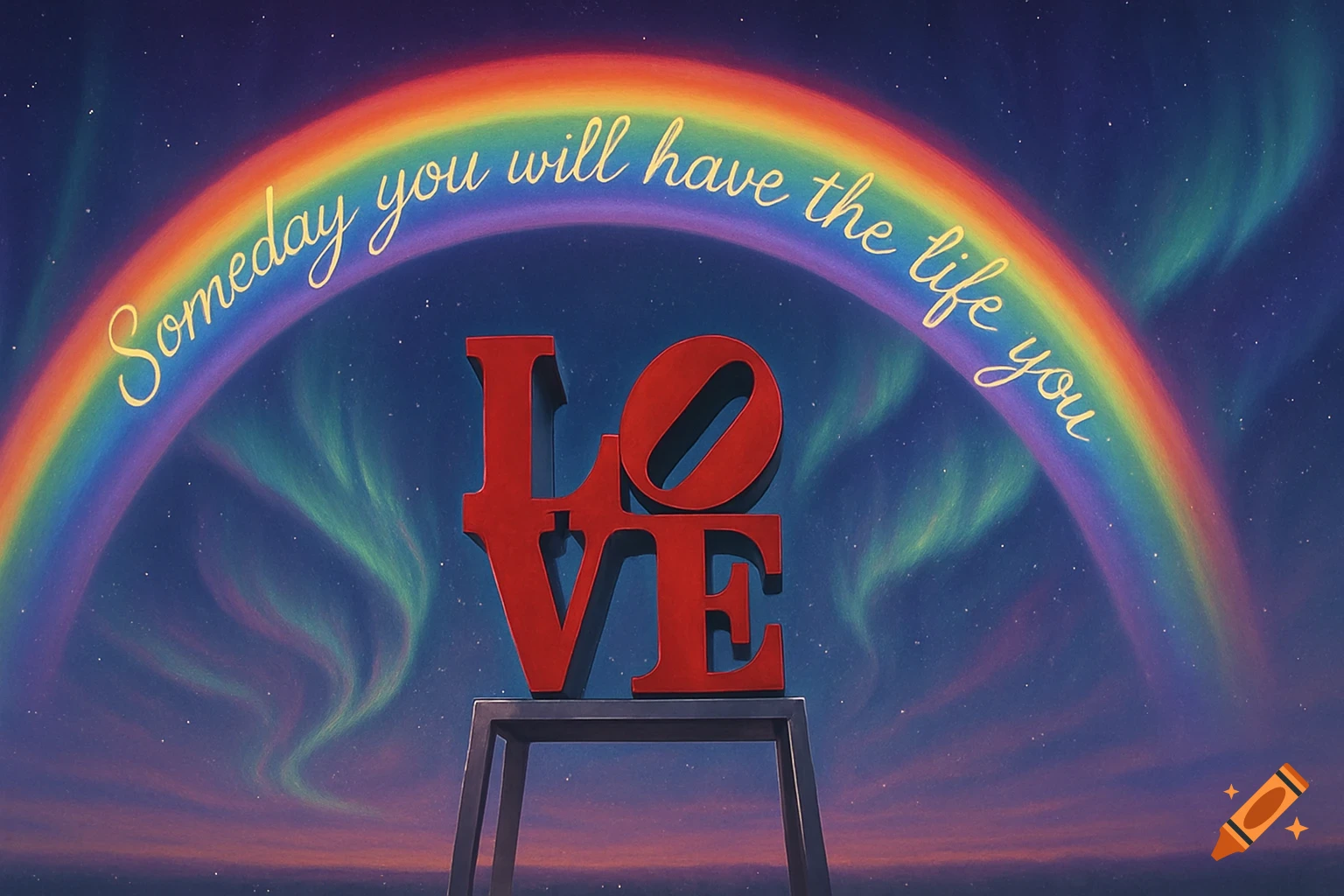 A red LOVE statue under a rainbow with 'Someday you will have the life you' written on it, set against an aurora borealis night sky.