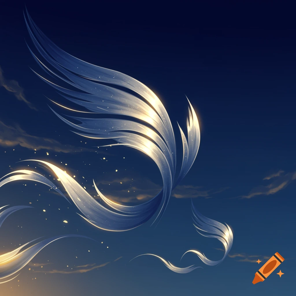Abstract, flowing white and gold shapes resembling wings against a dark blue and orange sky.