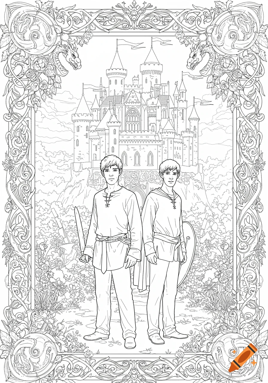 Two young men in medieval tunics stand before a castle, framed by ornate borders with dragons, in a black and white coloring page.