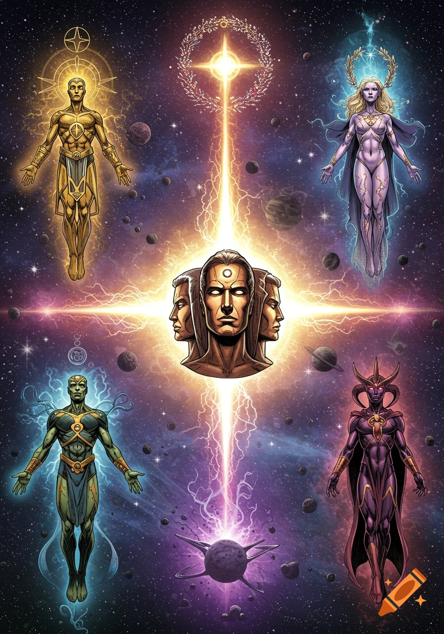 Cosmic beings radiating energy in a comic book art style, set against a starry space background with planets.