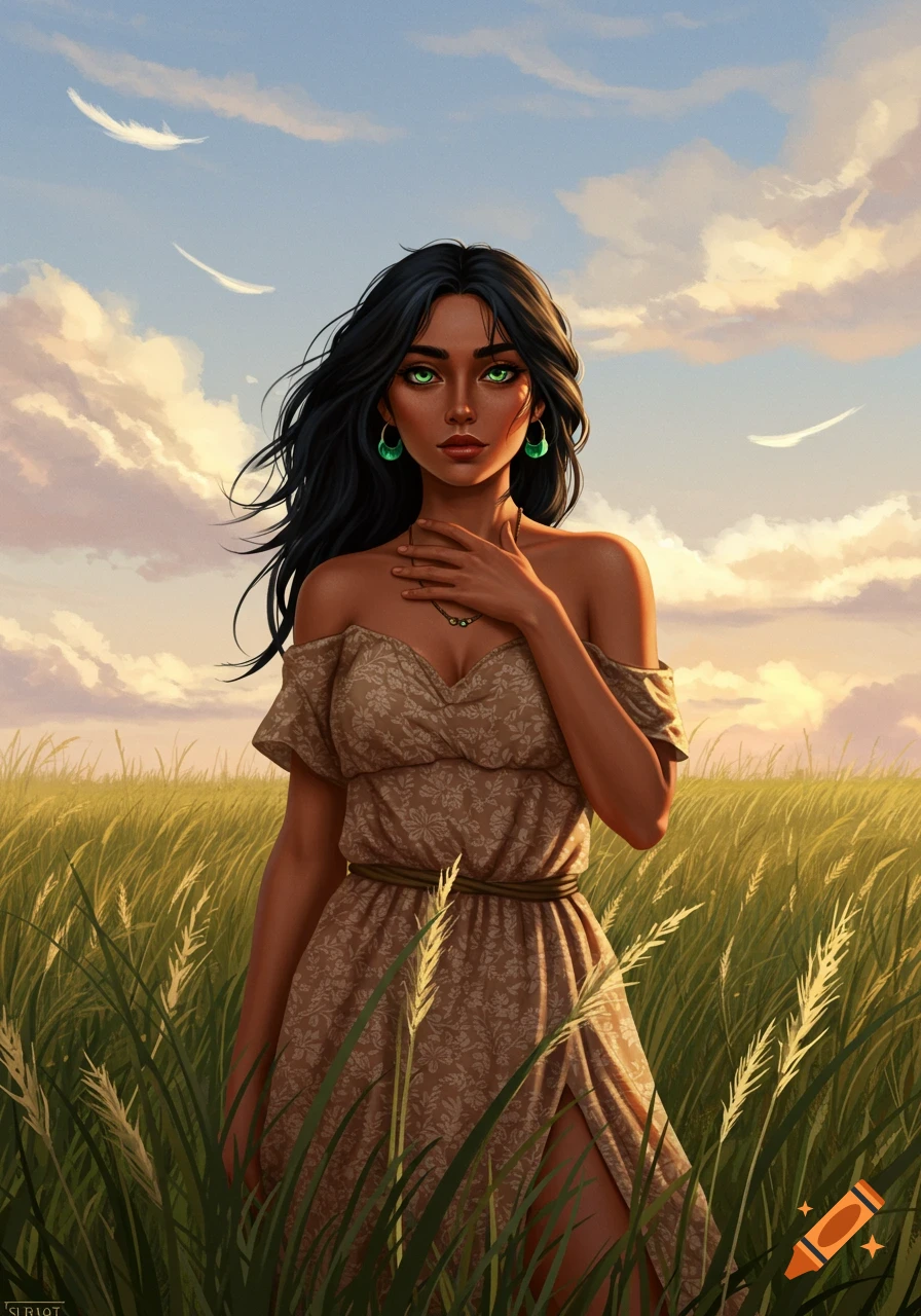 A stylized illustration of a woman with long dark hair and green eyes standing in a grassy field under a cloudy sky.