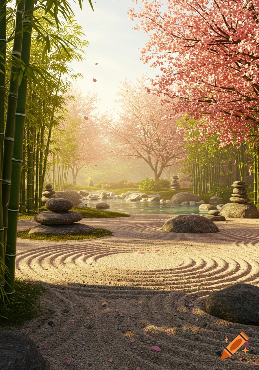 A serene Zen garden with raked sand, stacked stones, a pond, bamboo, and pink cherry blossom trees.