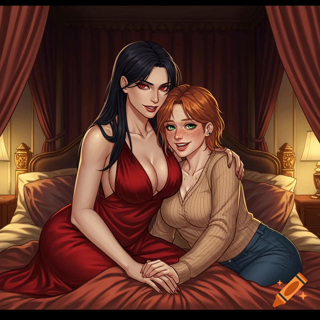 Two women in a manga style, one with long black hair and red eyes in a red dress, the other with short orange hair and freckles, cuddling on a bed.