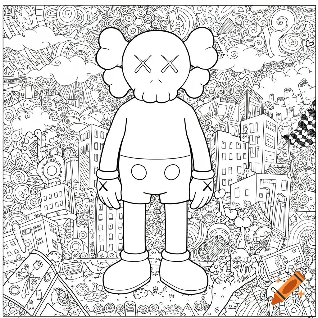 Black and white coloring page featuring a Kaws-inspired character standing in front of a busy, detailed doodle-style city background.