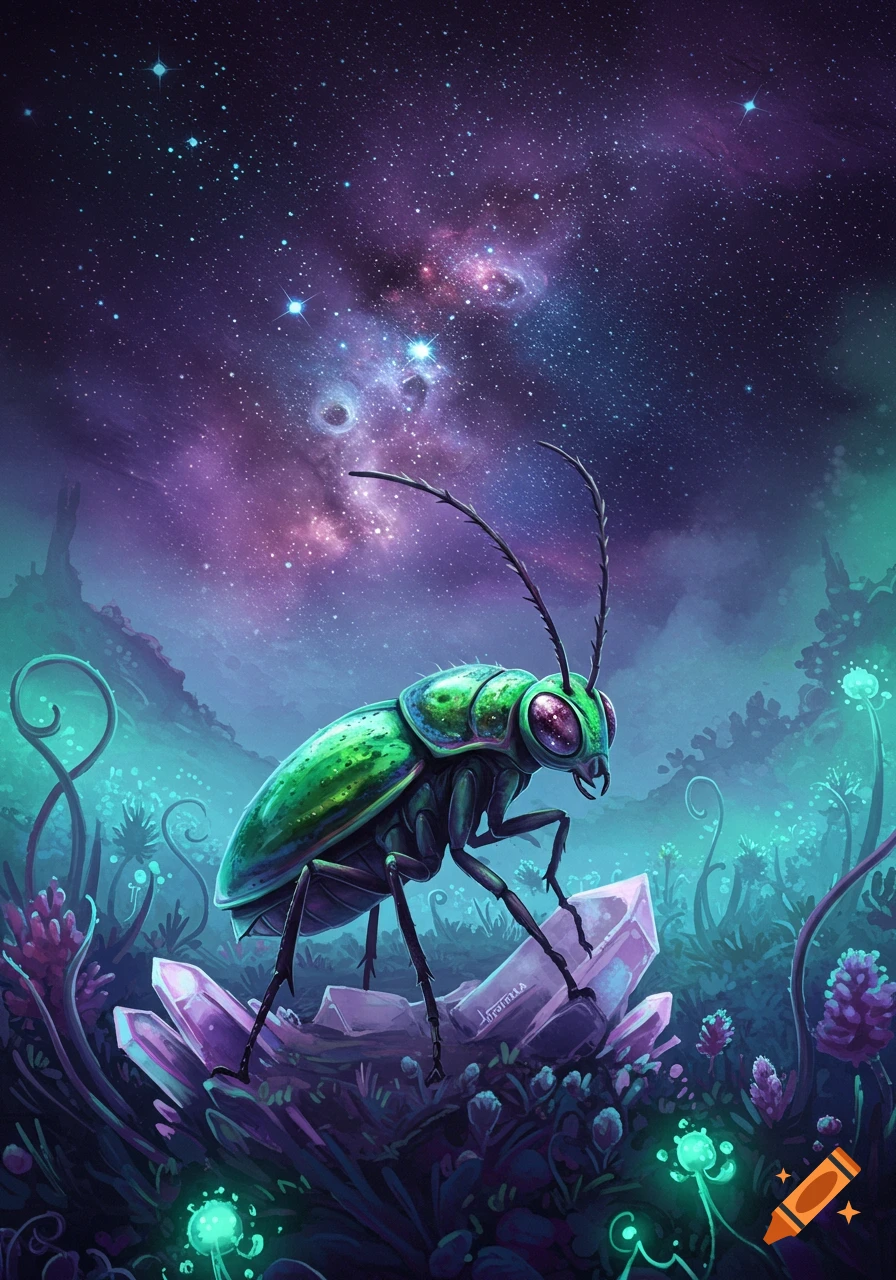 A vibrant green alien beetle with glowing purple eyes stands on purple crystals in a fantastical landscape under a colorful galaxy sky.