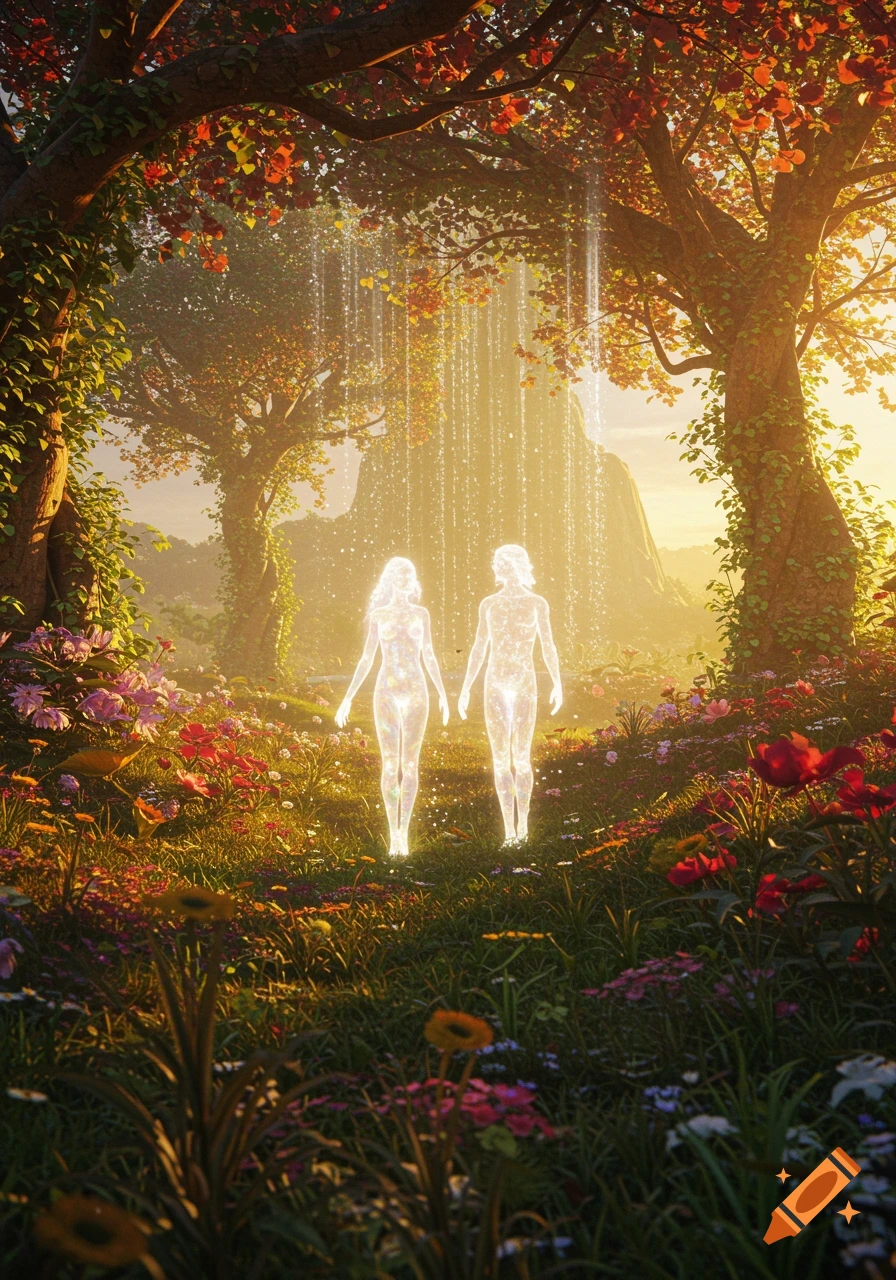 Two glowing, ethereal figures stand in a lush, vibrant garden under sparkling golden light, surrounded by trees and flowers.