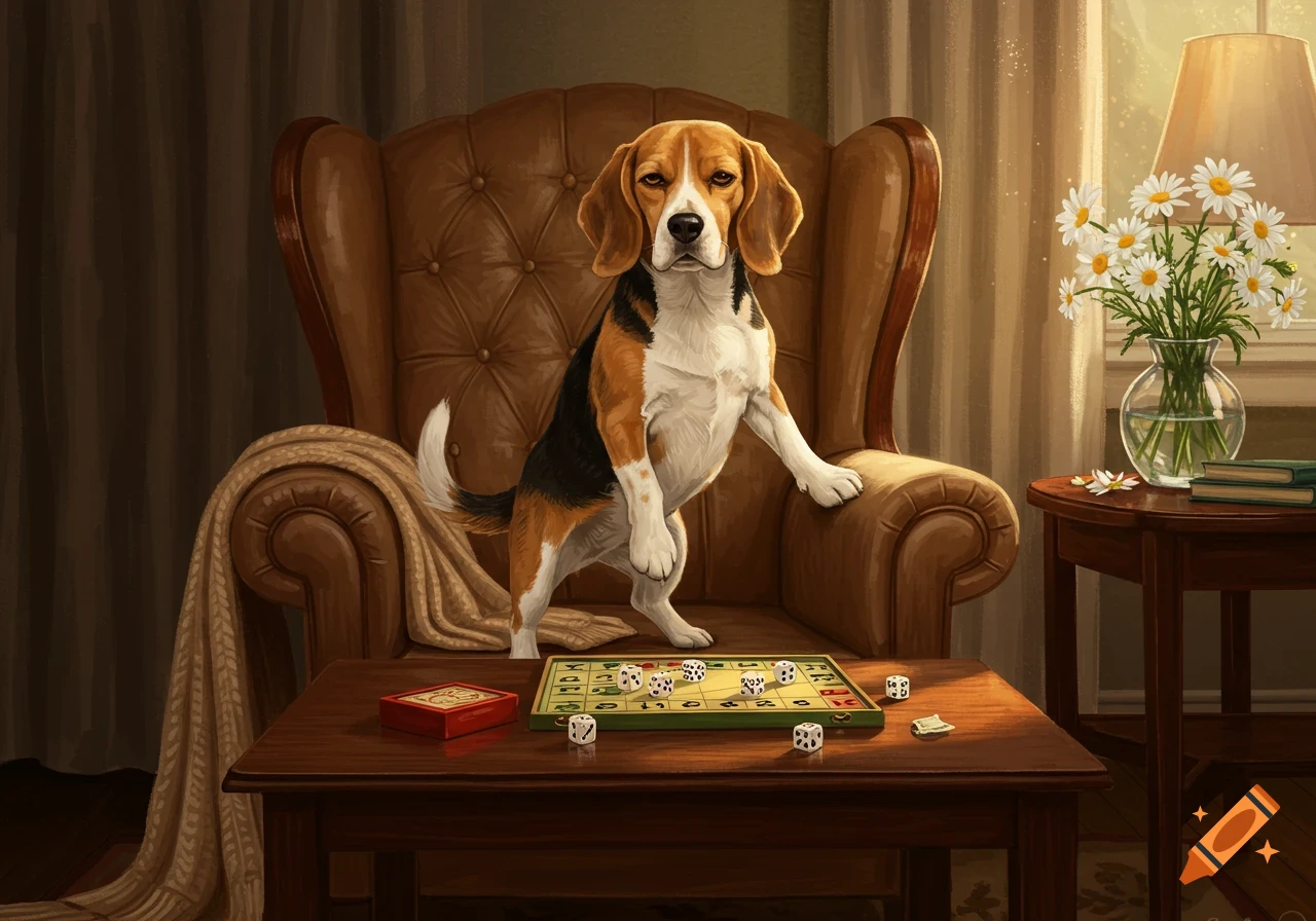 A beagle stands on a brown armchair, leaning over a table with a board game and dice in a warm, detailed room.