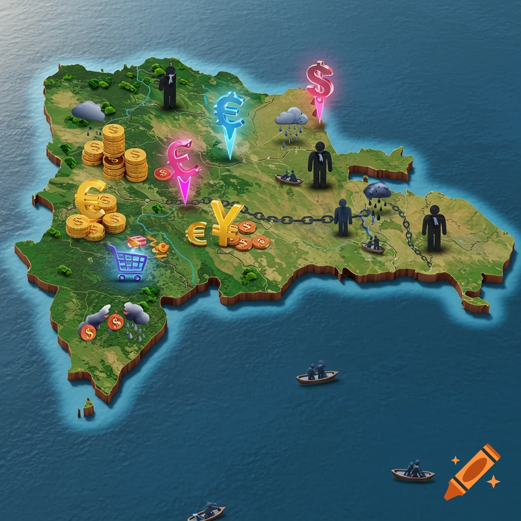 A 3D isometric illustration of the Dominican Republic map. The map is covered with icons representing consumption (currency stacks, shopping cart) and depression (rain clouds, chained figures). Boats with people are in the surrounding ocean.