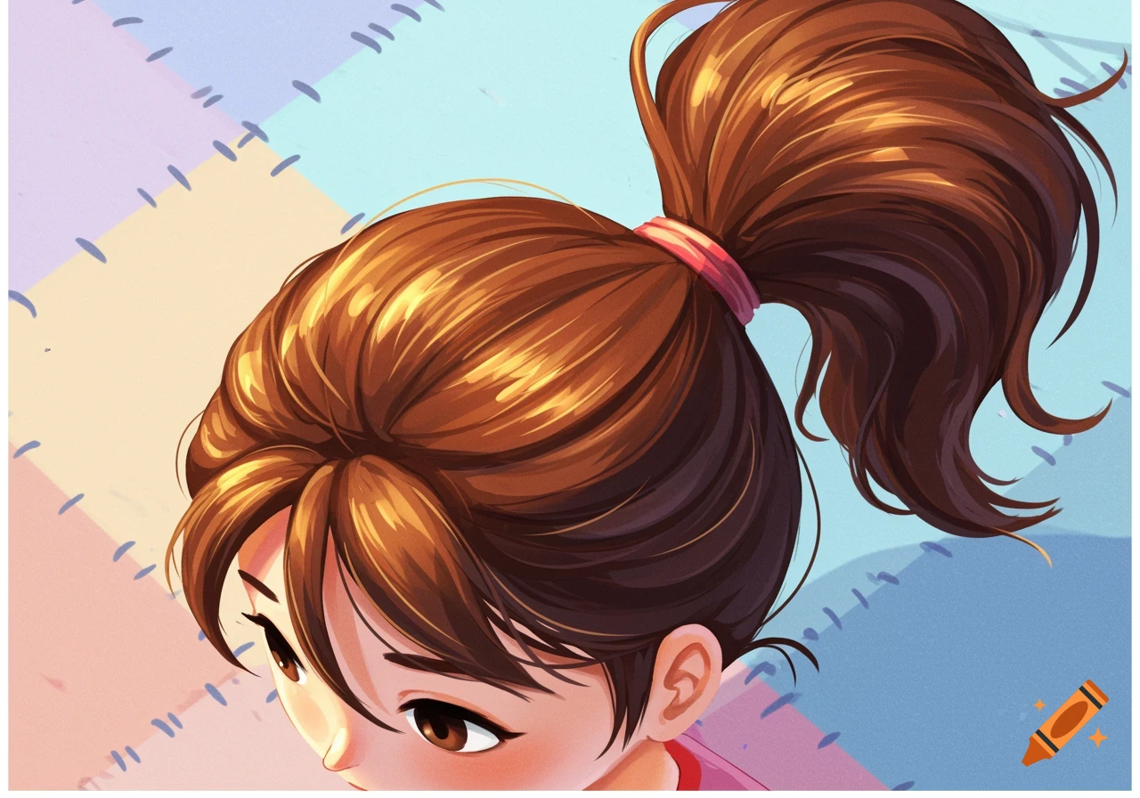 A close-up, top-down view of a brunette cartoon character with a ponytail, in an anime art style.