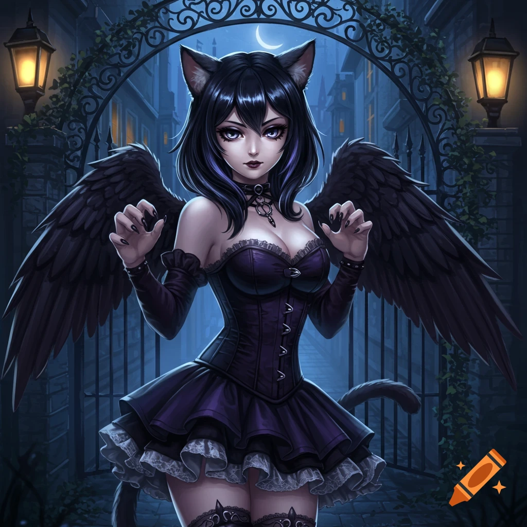An anime-style goth cat girl with black wings and cat ears, wearing a dark purple corset dress, posing in front of an ornate gate at night.