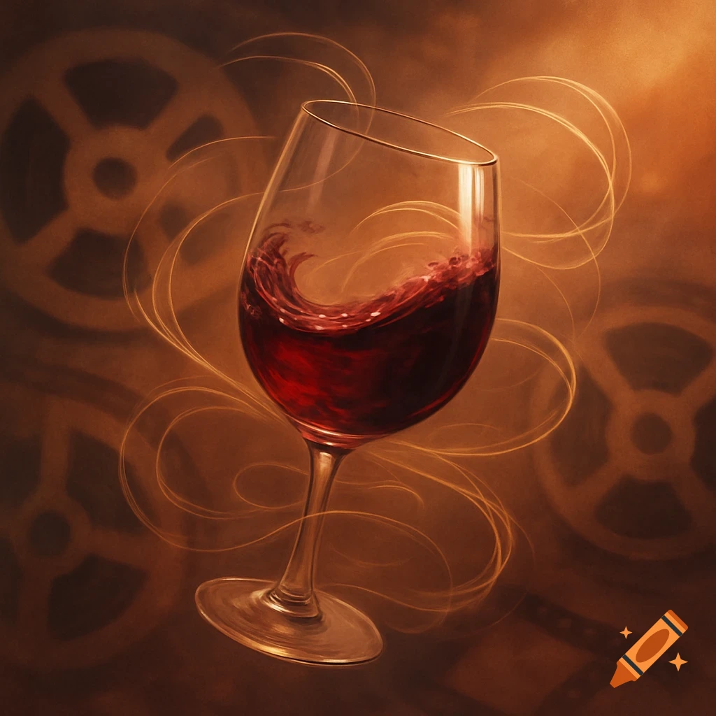 A tilted glass of red wine with splashing liquid, on a warm, abstract background featuring subtle gear-like shapes and swirling golden lines. Digital art.