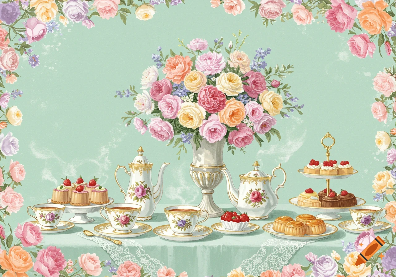 A colorful illustration of a tea party setup with floral teaware, desserts, and a large flower bouquet, bordered by roses on a mint background.
