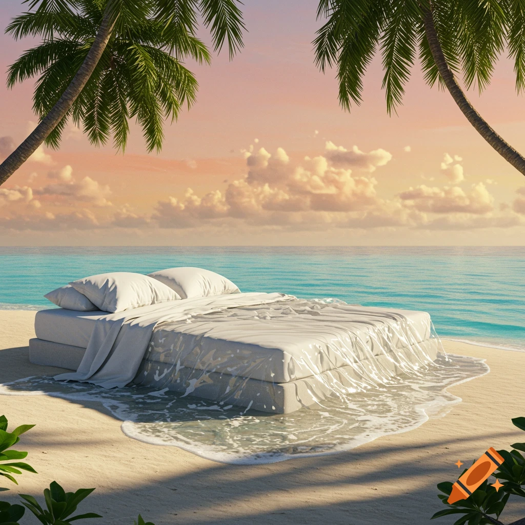 A white bed with pillows and sheets on a sandy beach at sunset, with ocean waves flowing over it like a blanket, framed by palm trees.