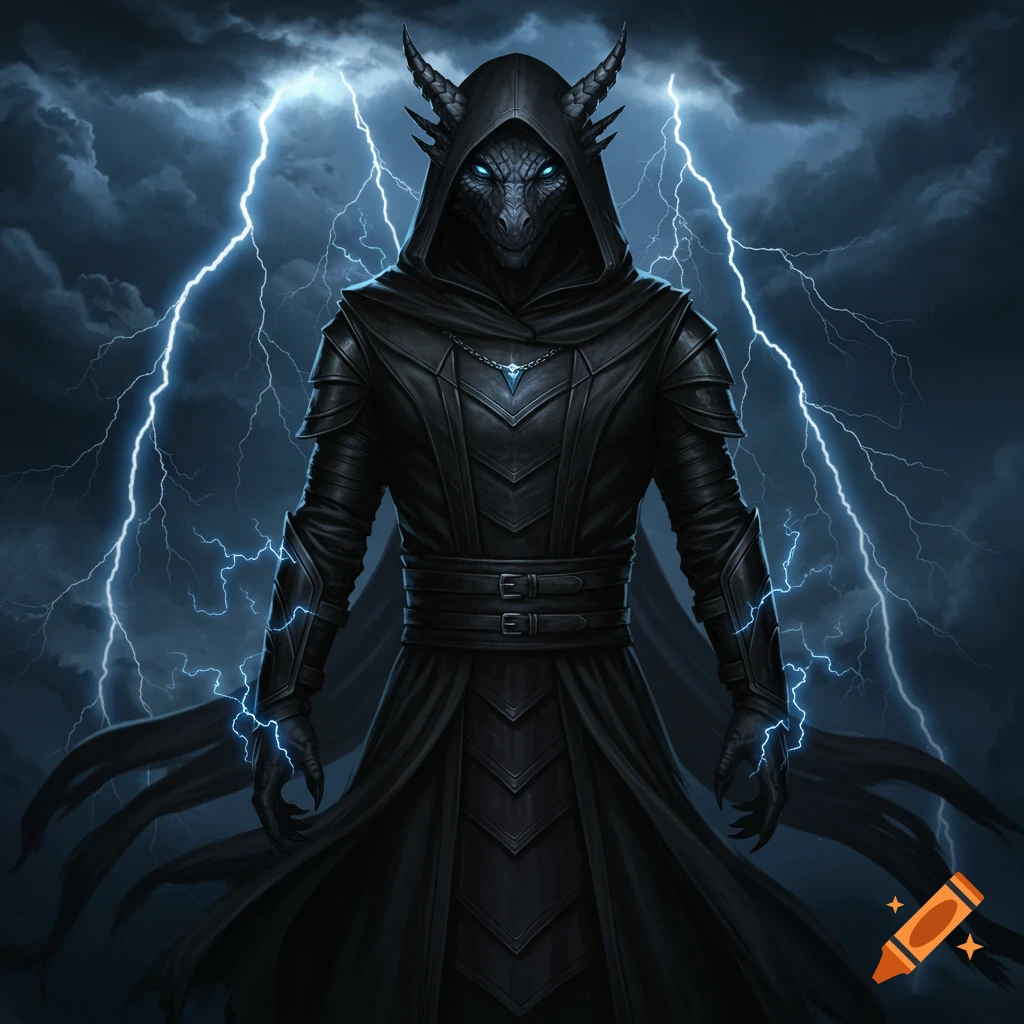 A hooded, dark dragon-like figure with glowing blue eyes stands in a stormy sky with lightning.
