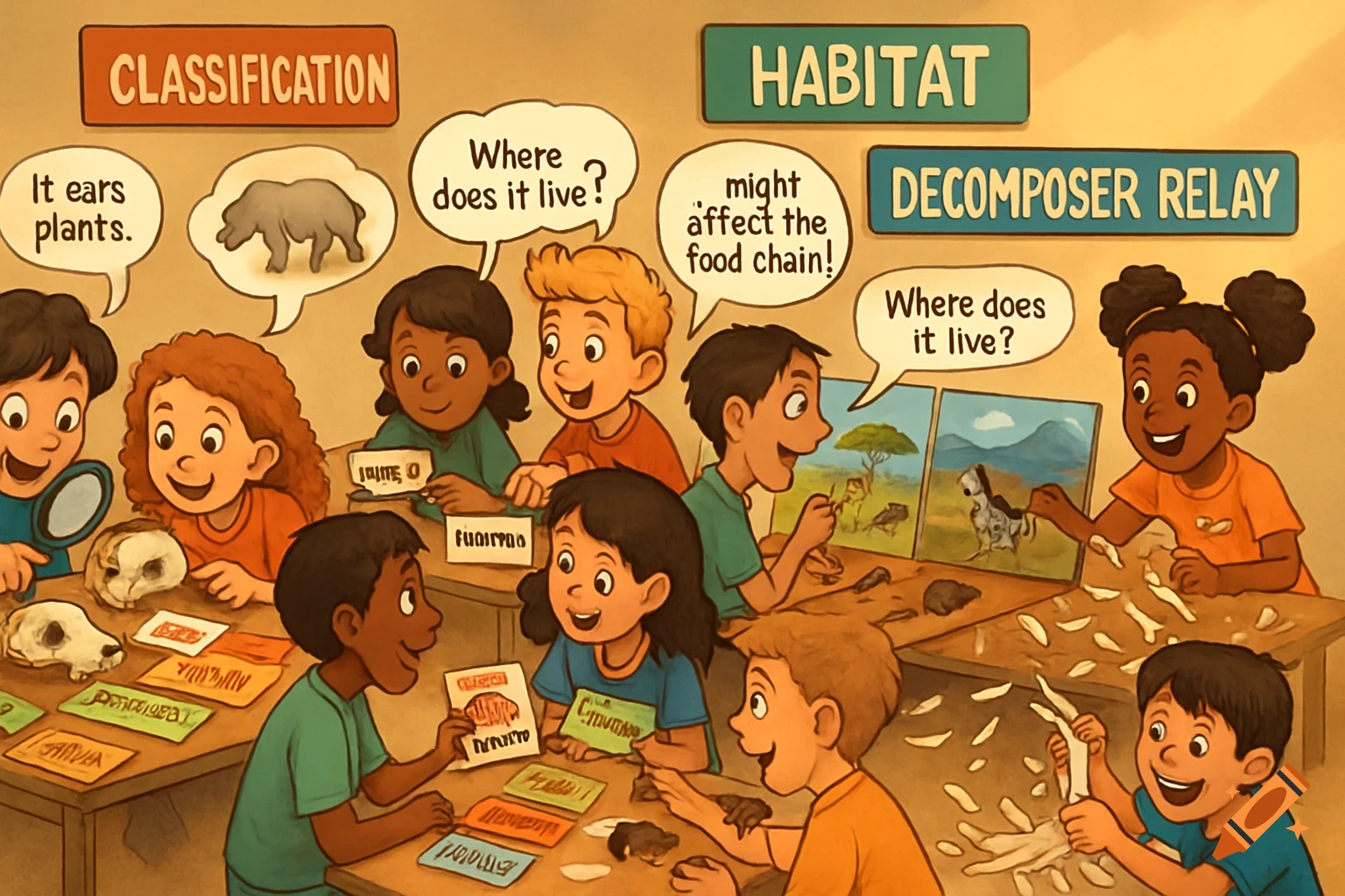 A cartoon illustration of diverse children in a classroom engaged in hands-on science activities related to animal classification, habitats, and decomposers.