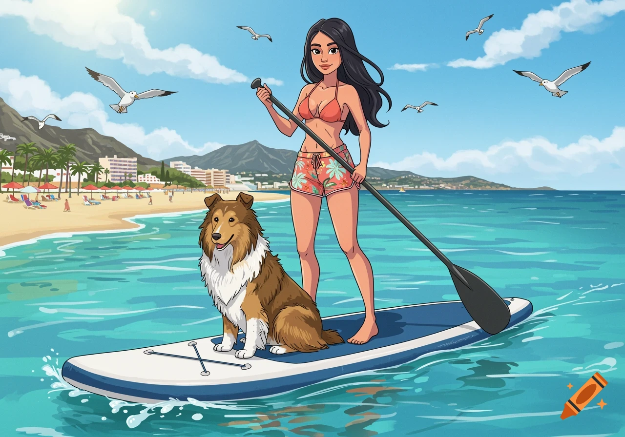 A cartoon of a dark-haired woman on a paddleboard with a rough collie dog on the clear blue Mediterranean Sea by a sandy beach with mountains in the background.