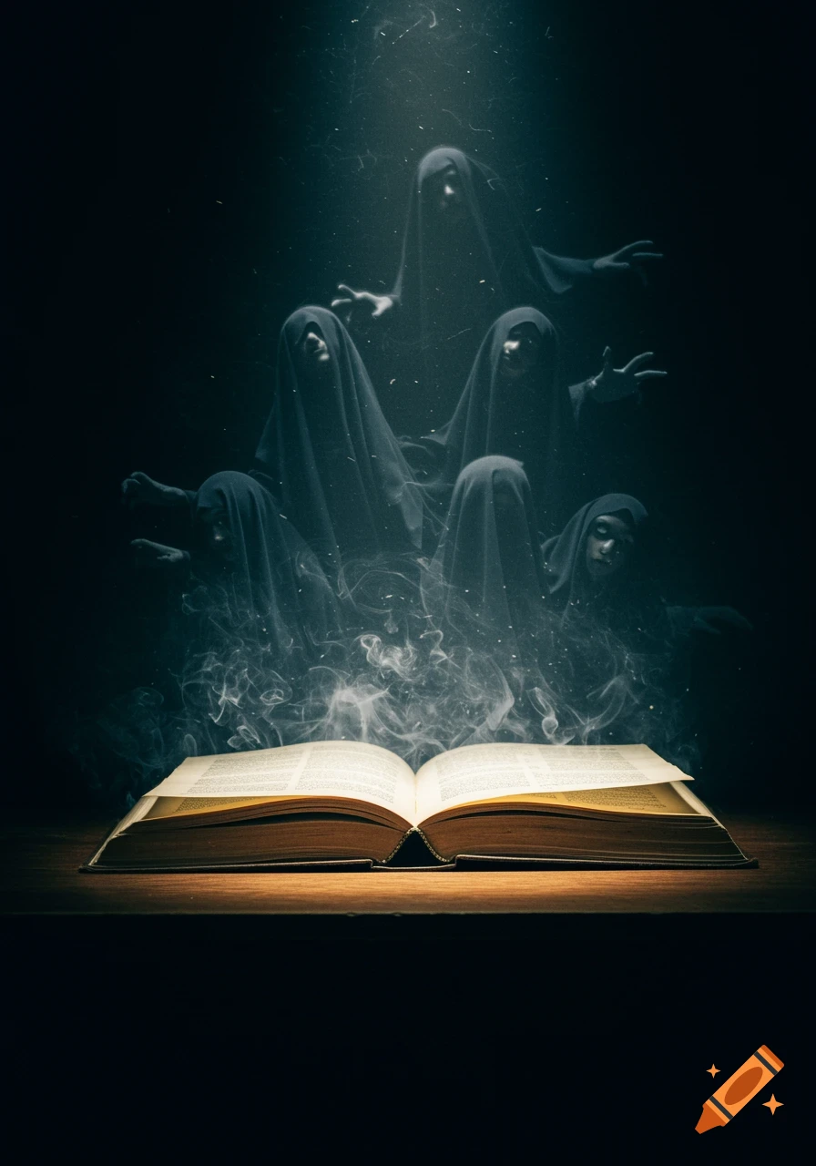 A dark, dramatic image of an open book on a wooden table, with ghostly, hooded figures and smoke rising from its pages. A mysterious light shines from above.