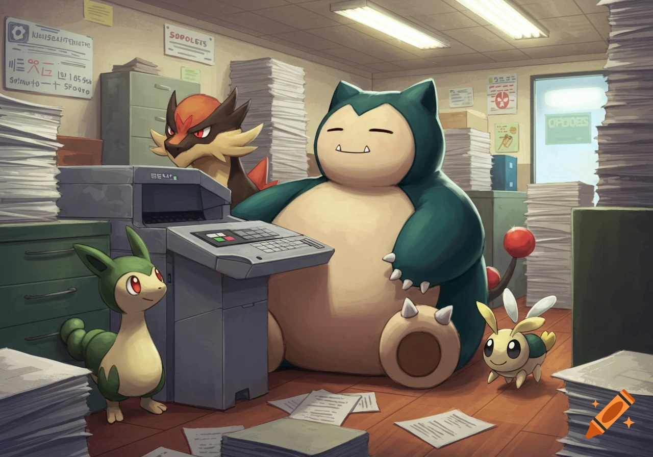 Snorlax and other Pokemon characters like Pyroar, Leavanny, and a Cottonee-like creature, are in a busy office copy center filled with stacks of paper.