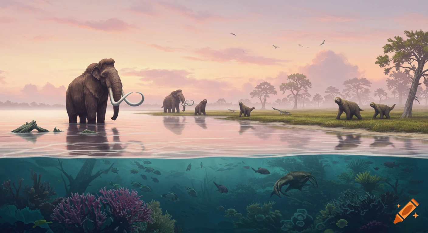 A prehistoric landscape with woolly mammoths and giant sloths by a tranquil lake, showing coral reefs and fish underwater under a pastel dawn sky.