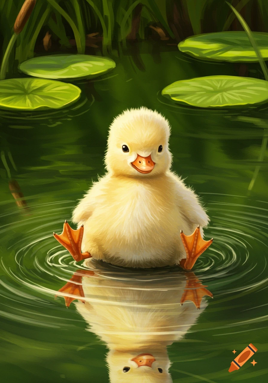 A cute yellow duckling sits in green water with lily pads and reeds, creating ripples and reflecting on the surface.