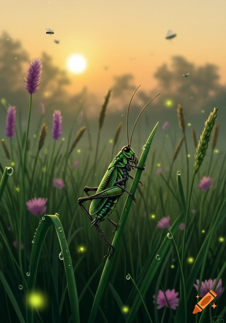 A vibrant green cricket clings to a blade of dewy grass in a field at sunrise, with fireflies glowing and other insects in the distance.