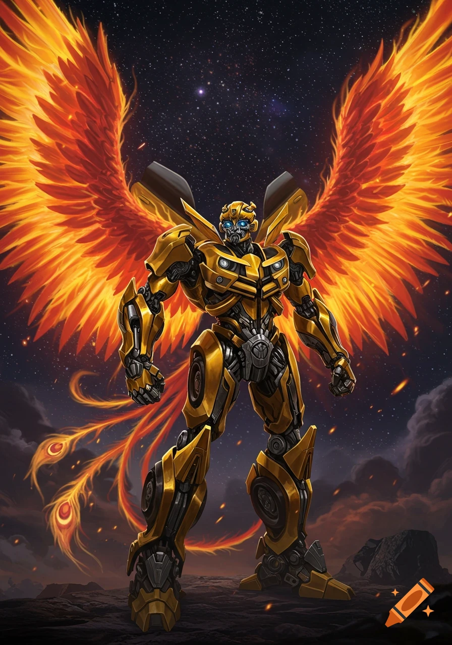 A golden Bumblebee robot with large fiery phoenix wings stands on a dark, rocky landscape under a starry night sky.