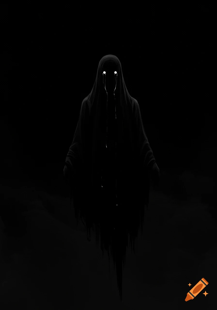 A dark, ethereal ghost-like figure with glowing white eyes crying black liquid against a stark black background.