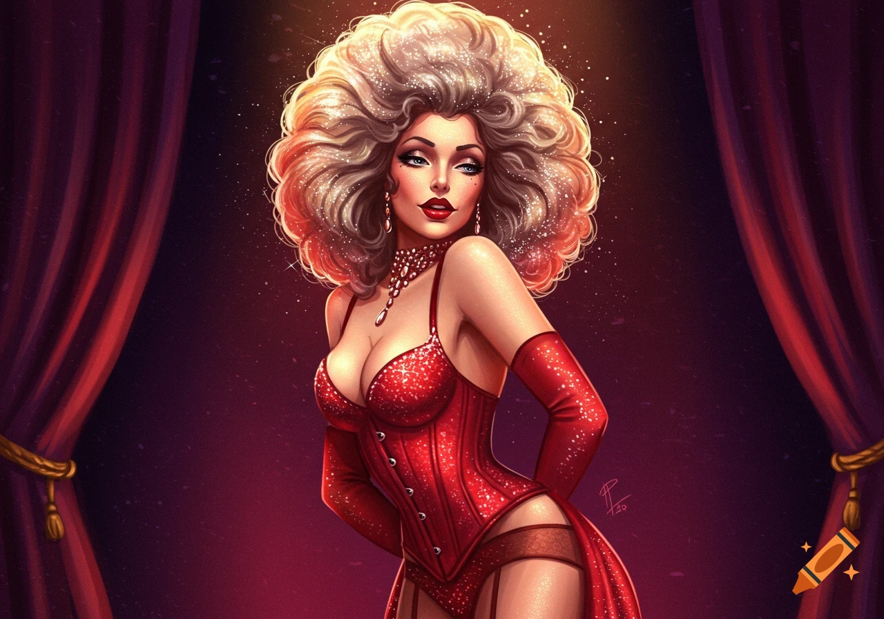 An illustration of a glamorous burlesque diva with large blonde curly hair, wearing a sparkly red corset and gloves, standing on a stage with red curtains.