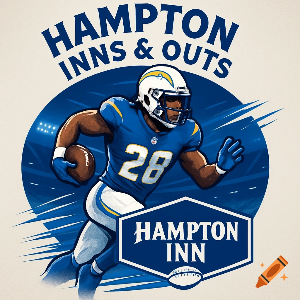 An illustrated fantasy football logo featuring a dark-skinned player in a blue and white uniform with number 28, holding a football, running against a blue stadium background with text "Hampton Inns & Outs" above and "Hampton Inn" in a shield below.