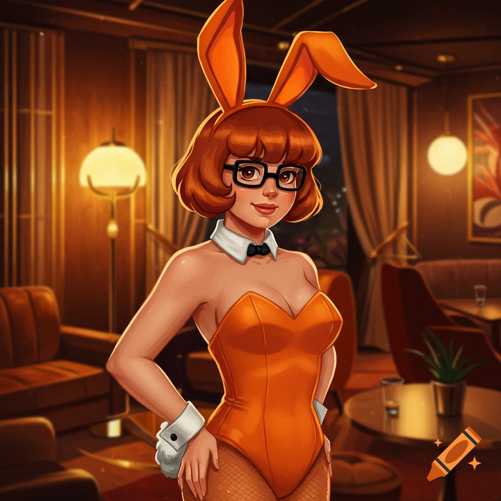 A cartoon illustration of a woman resembling Velma Dinkley wearing an orange bunny suit, glasses, and a bow tie in a dimly lit lounge.