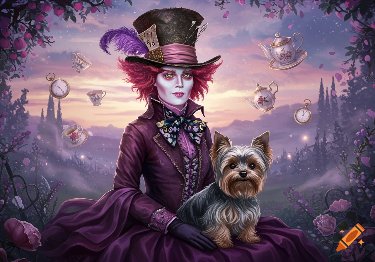 A person dressed as the Mad Hatter with a Yorkshire Terrier, surrounded by floating teacups and watches in a purple fantasy landscape.